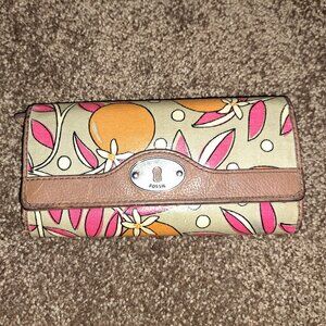 Fossil Key-Per Coated Canvas Wallet with Orange Fruit and Floral Pattern